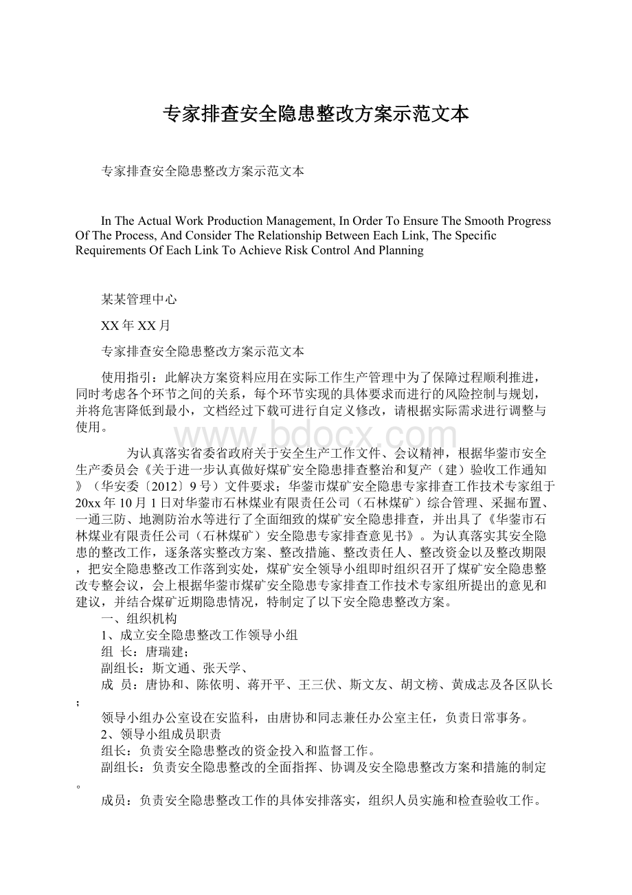 专家排查安全隐患整改方案示范文本.docx