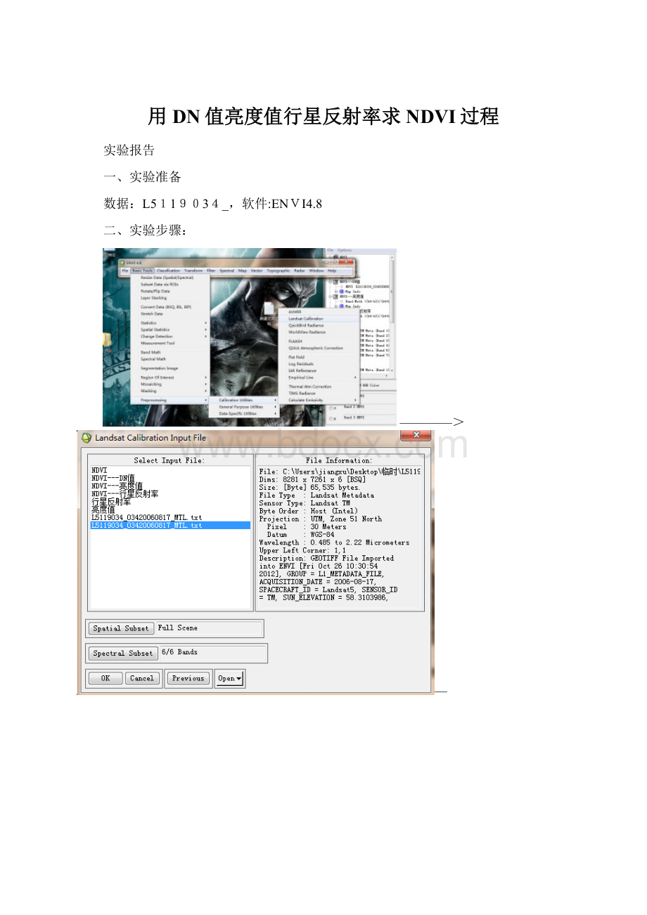 用DN值亮度值行星反射率求NDVI过程文档格式.docx