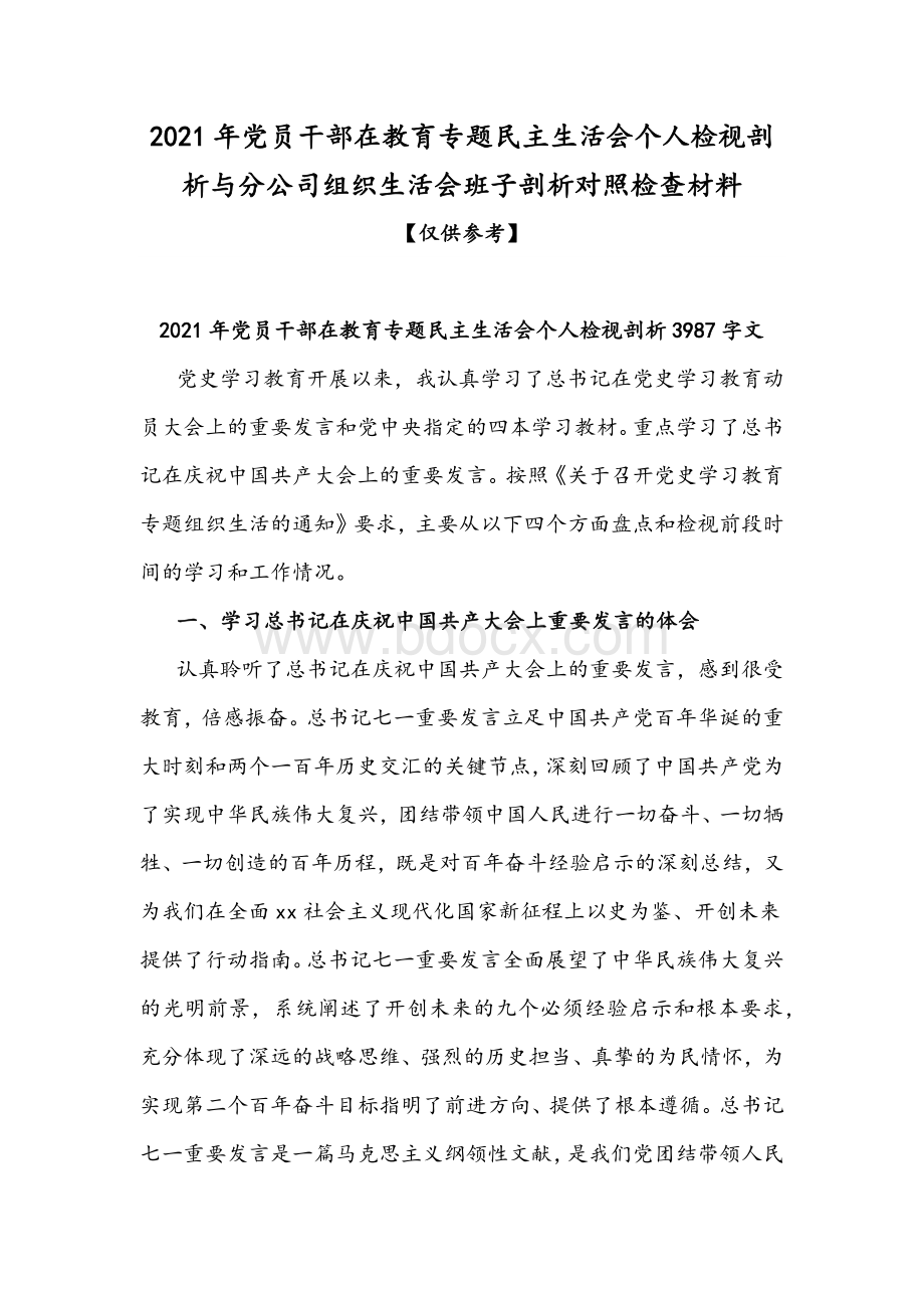 2021年党员干部在教育专题民主生活会个人检视剖析与分公司组织生活会班子剖析对照检查材料.docx