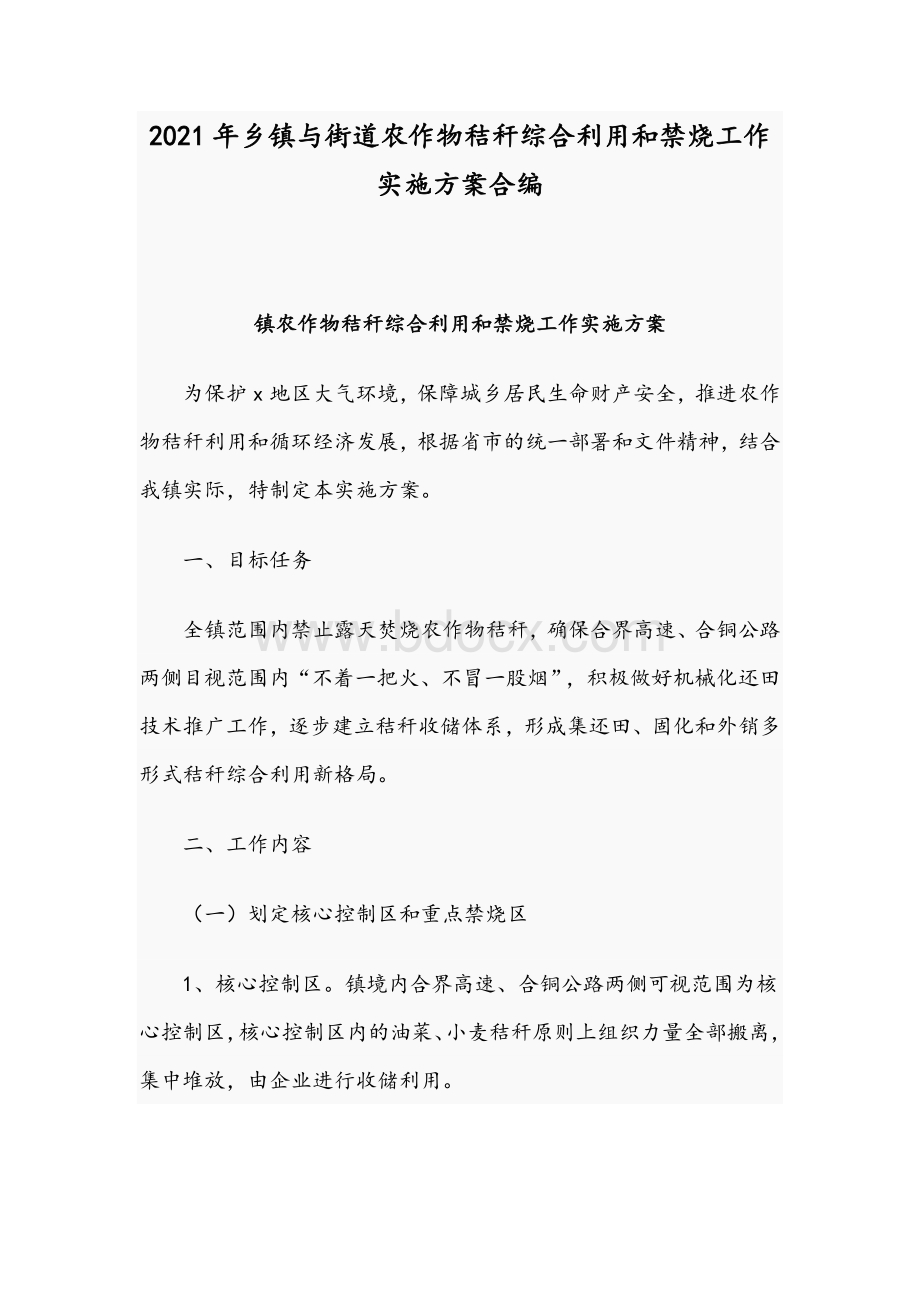 2021年乡镇与街道农作物秸秆综合利用和禁烧工作实施方案合编Word文件下载.docx