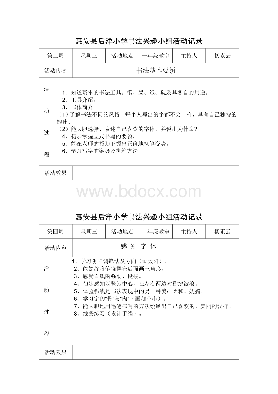 惠安县后洋小学书法兴趣小组活动记录.doc_第1页