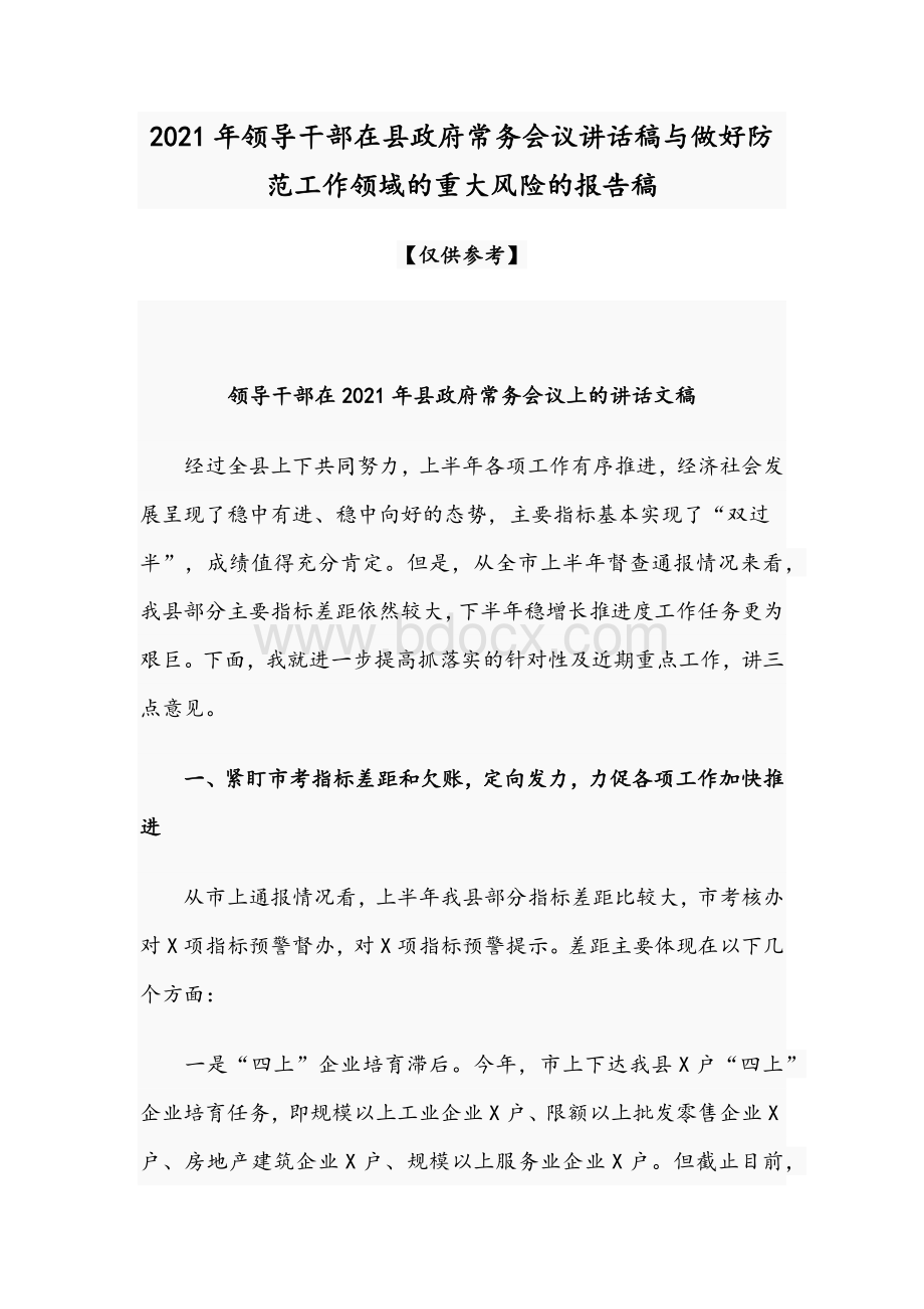 2021年领导干部在县政府常务会议讲话稿与做好防范工作领域的重大风险的报告稿Word格式文档下载.docx