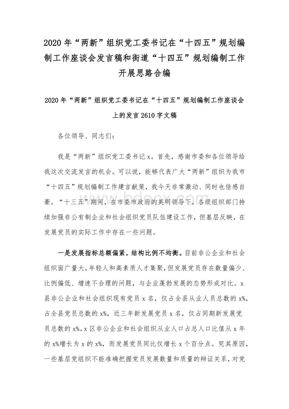 2020年“两新”组织党工委书记在“十四五”规划编制工作座谈会发言稿和街道“十四五”规划编制工作开展思路合编Word文件下载.docx