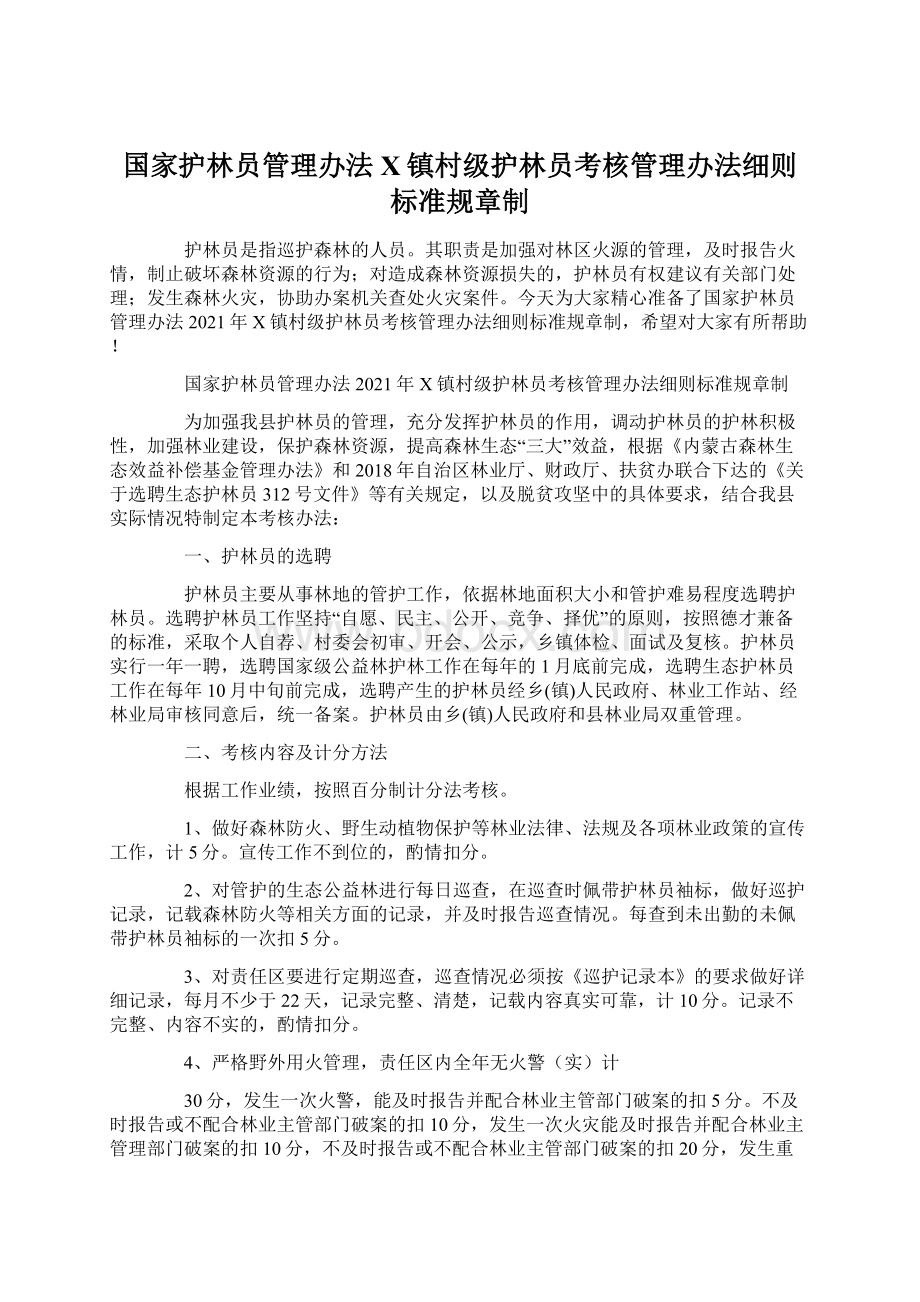 国家护林员管理办法X镇村级护林员考核管理办法细则标准规章制Word文档下载推荐.docx