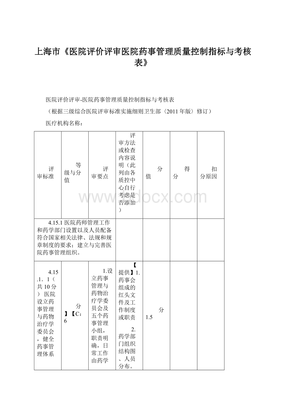 上海市《医院评价评审医院药事管理质量控制指标与考核表》Word文档下载推荐.docx