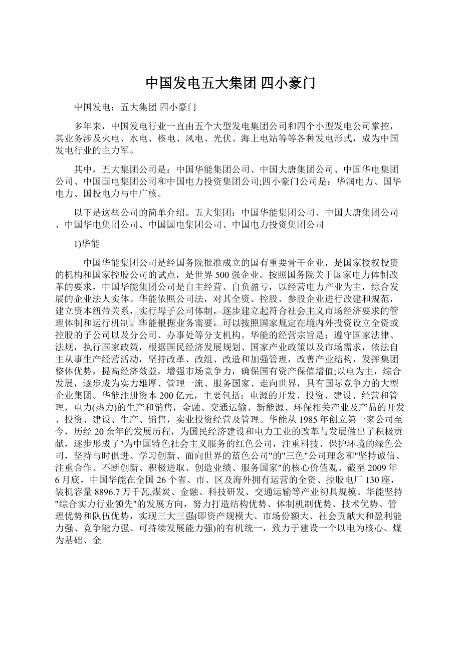 中国发电五大集团 四小豪门文档格式.docx