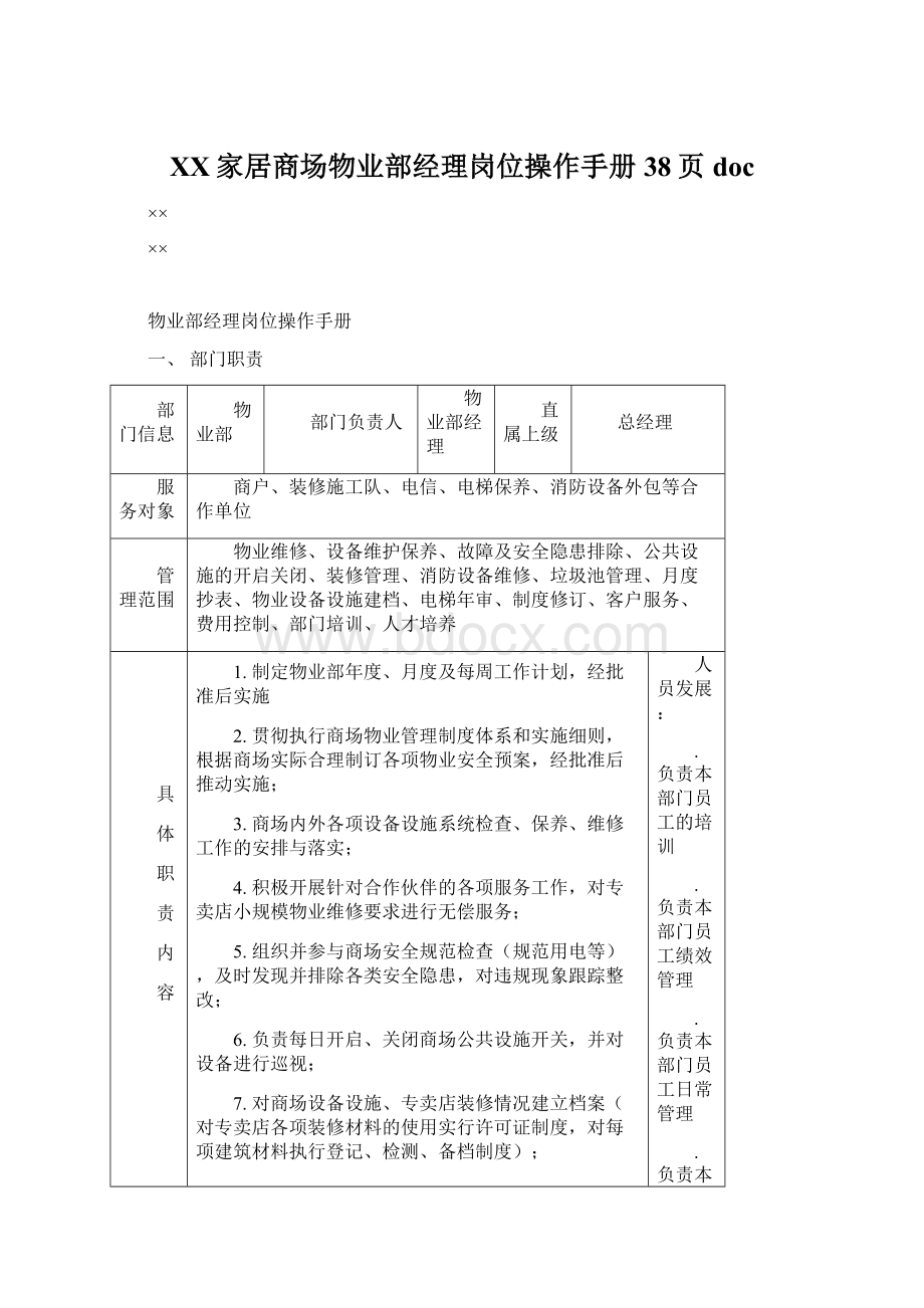 XX家居商场物业部经理岗位操作手册38页doc.docx_第1页