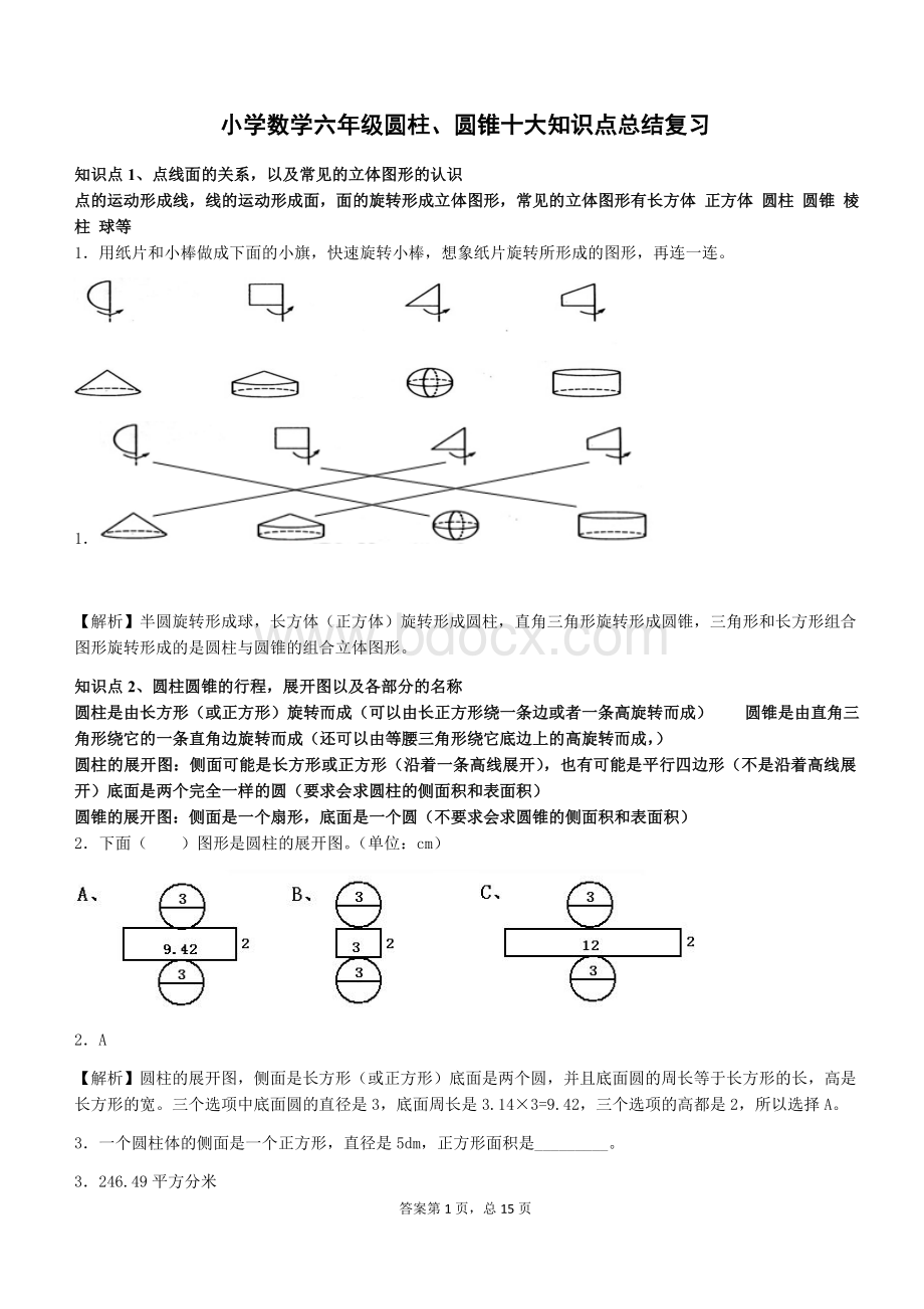 小学数学六年级圆柱、圆锥知识点总结复习.docx