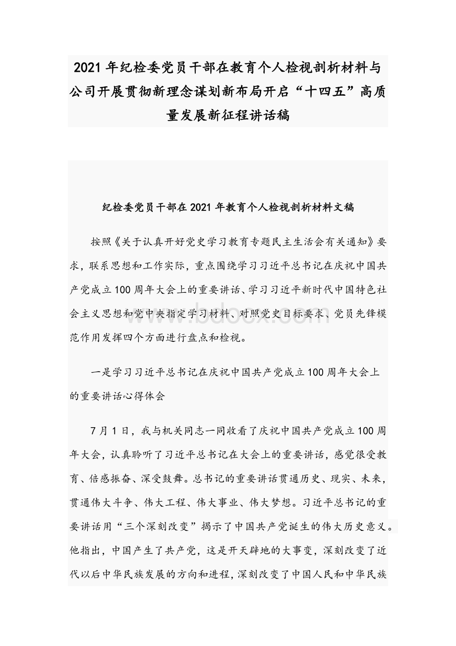 2021年纪检委党员干部在教育个人检视剖析材料与公司开展贯彻新理念谋划新布局开启“十四五”高质量发展新征程讲话稿.docx