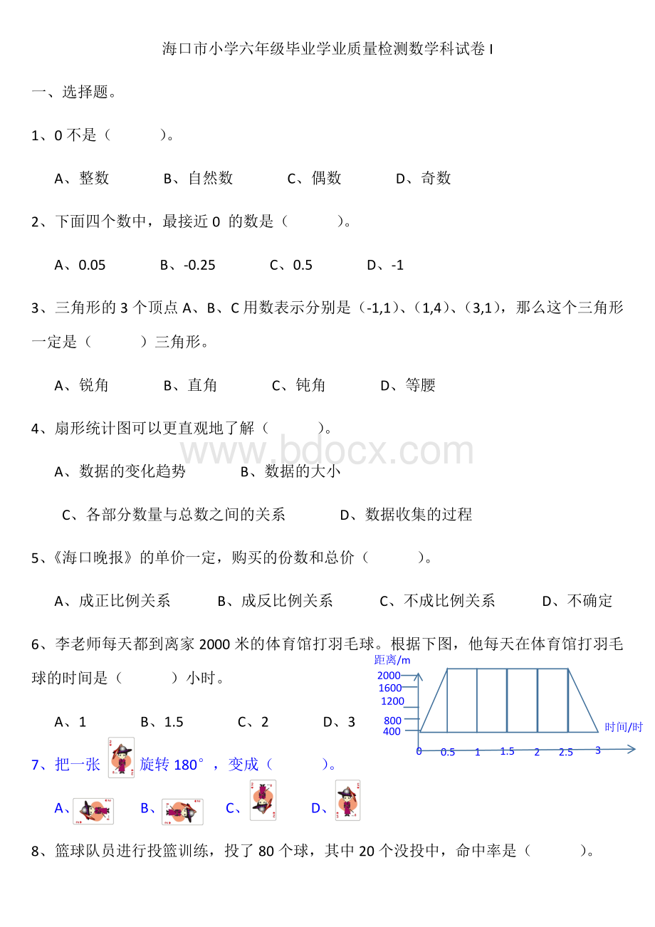 海口市小学六年级毕业学业质量检测数学科试卷I.docx