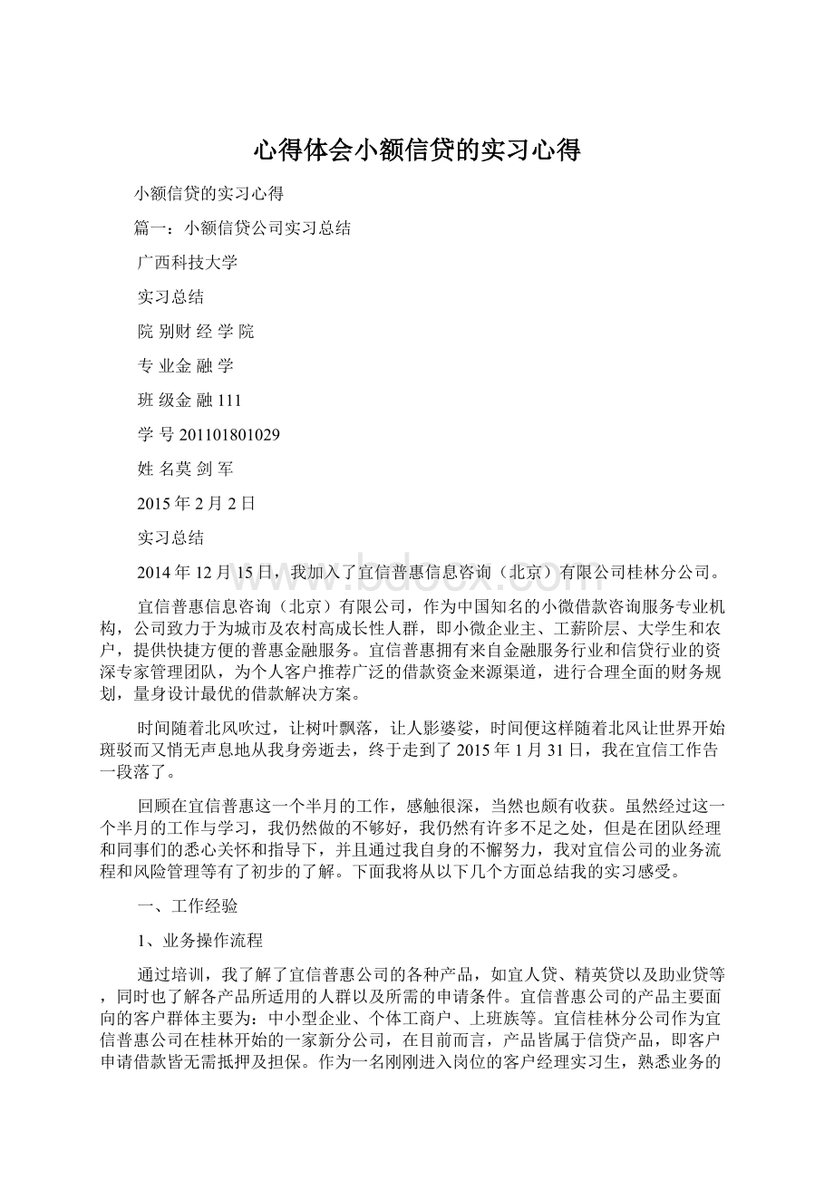 心得体会小额信贷的实习心得Word格式.docx