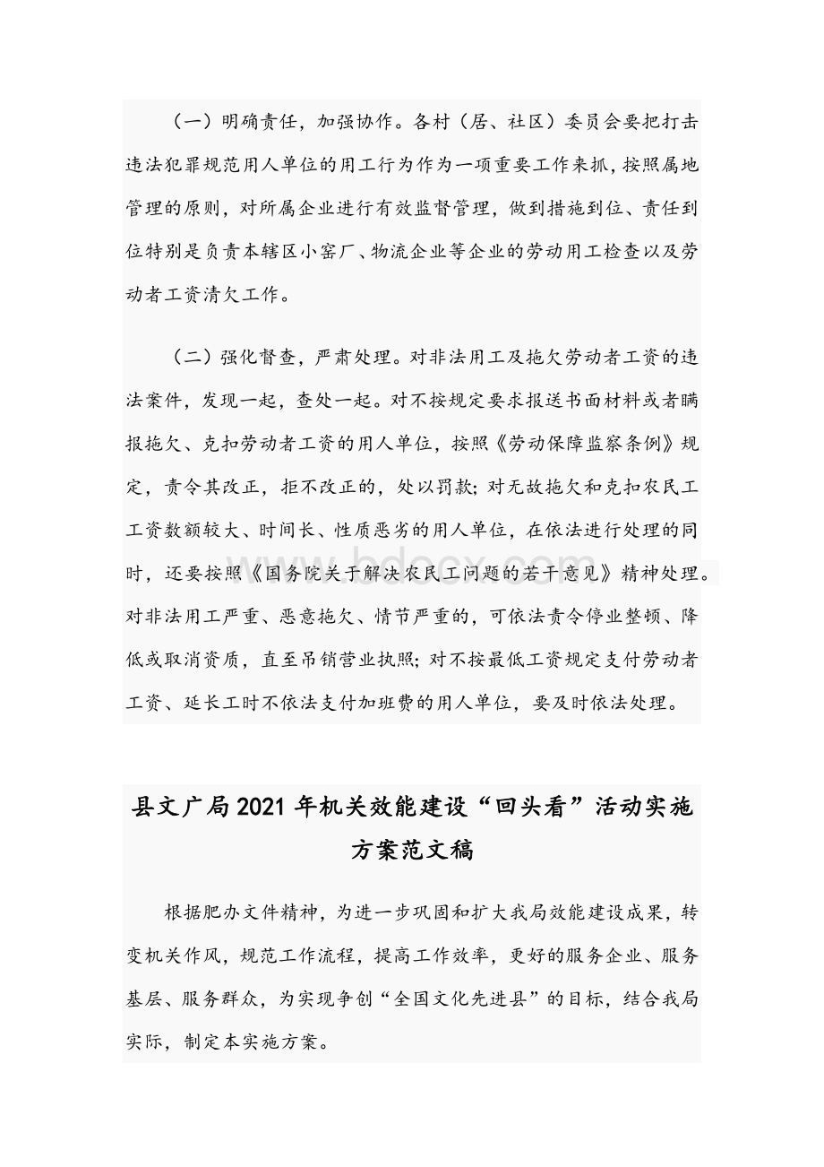 2021年镇开展整治非法用工打击专项行动的实施方案与县文广局机关效能建设“回头看”活动实施方案范文.docx_第3页