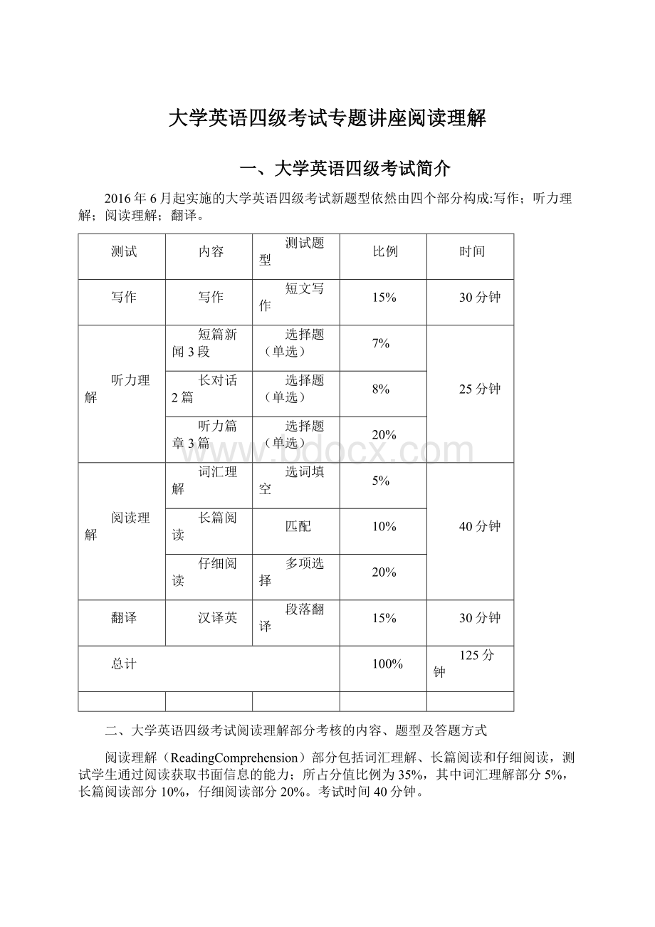 大学英语四级考试专题讲座阅读理解Word下载.docx