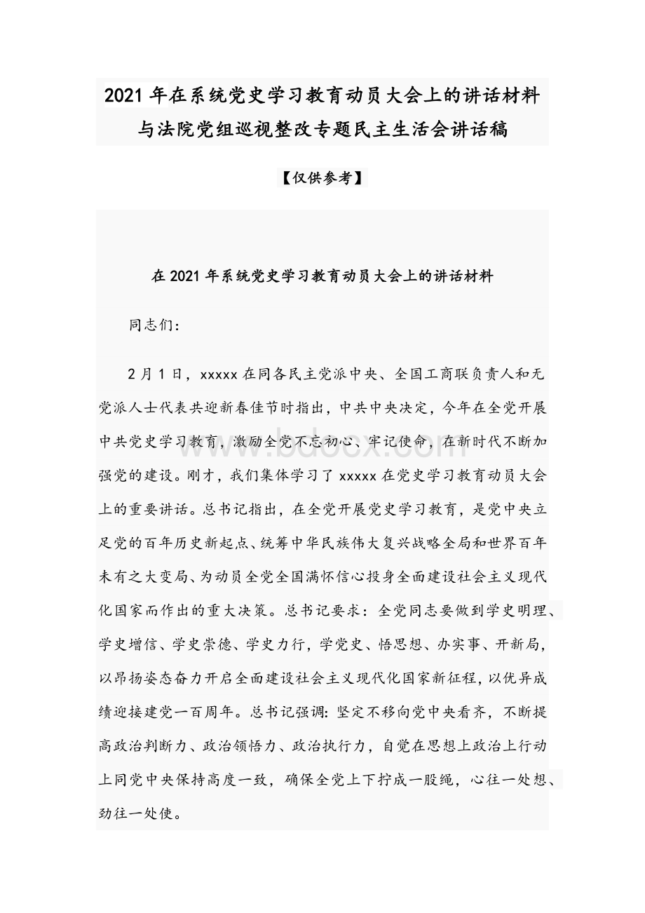 2021年在系统党史学习教育动员大会上的讲话材料与法院党组巡视整改专题民主生活会讲话稿Word格式.docx