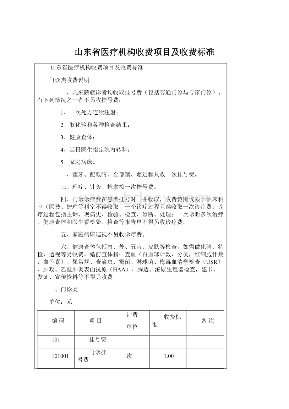 山东省医疗机构收费项目及收费标准Word格式文档下载.docx