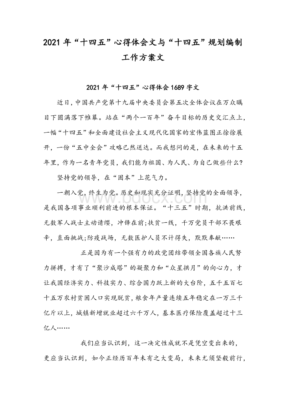 2021年“十四五”心得体会文与“十四五”规划编制工作方案文Word文件下载.docx