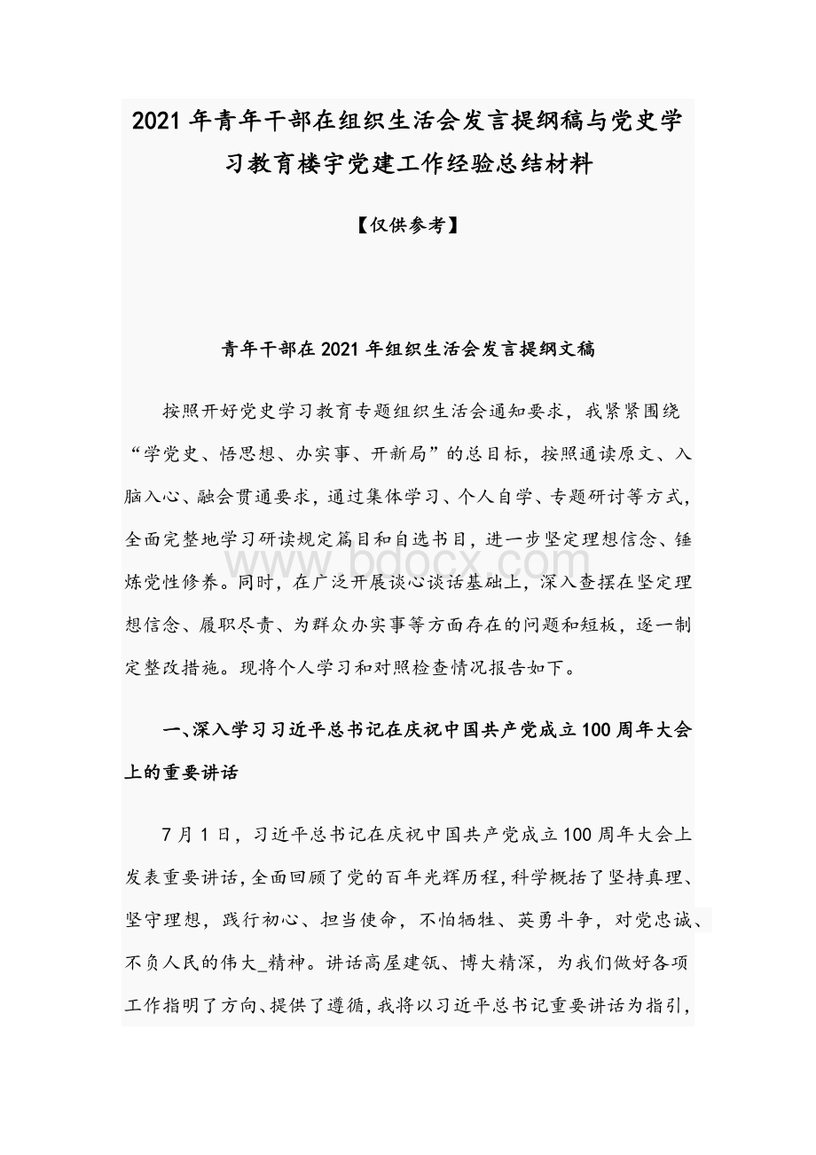 2021年青年干部在组织生活会发言提纲稿与党史学习教育楼宇党建工作经验总结材料Word格式.docx_第1页