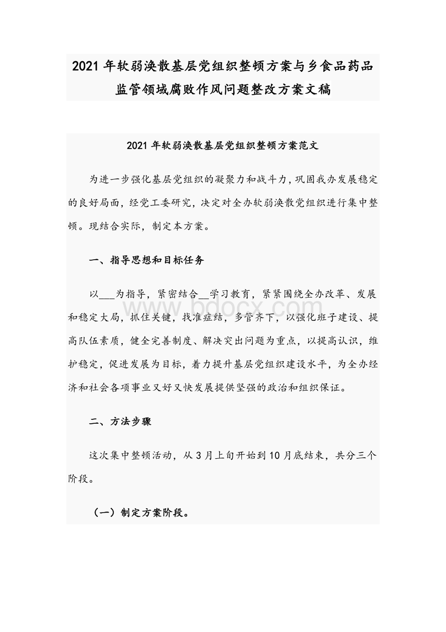 2021年软弱涣散基层党组织整顿方案与乡食品药品监管领域腐败作风问题整改方案文稿文档格式.docx