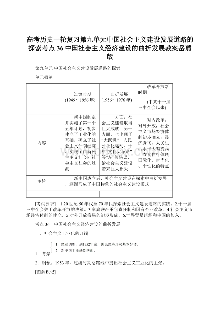 高考历史一轮复习第九单元中国社会主义建设发展道路的探索考点36中国社会主义经济建设的曲折发展教案岳麓版Word格式文档下载.docx