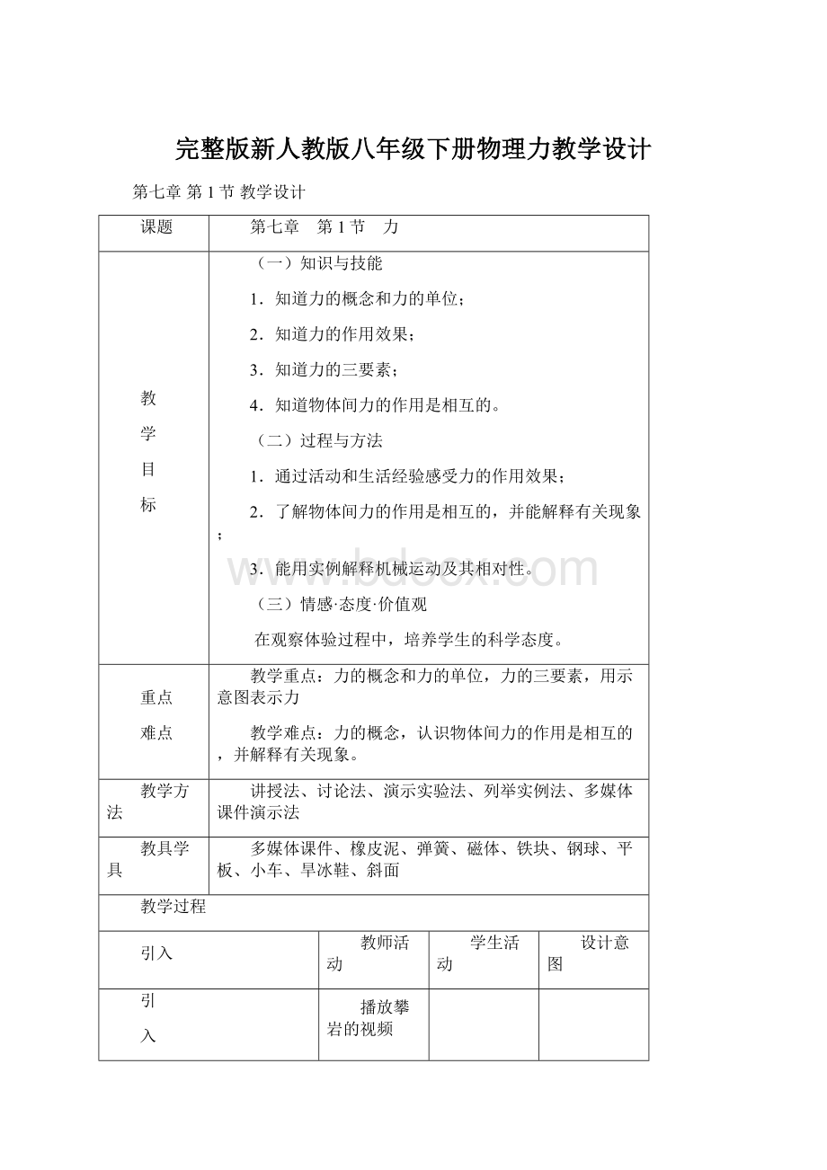 完整版新人教版八年级下册物理力教学设计Word格式.docx_第1页