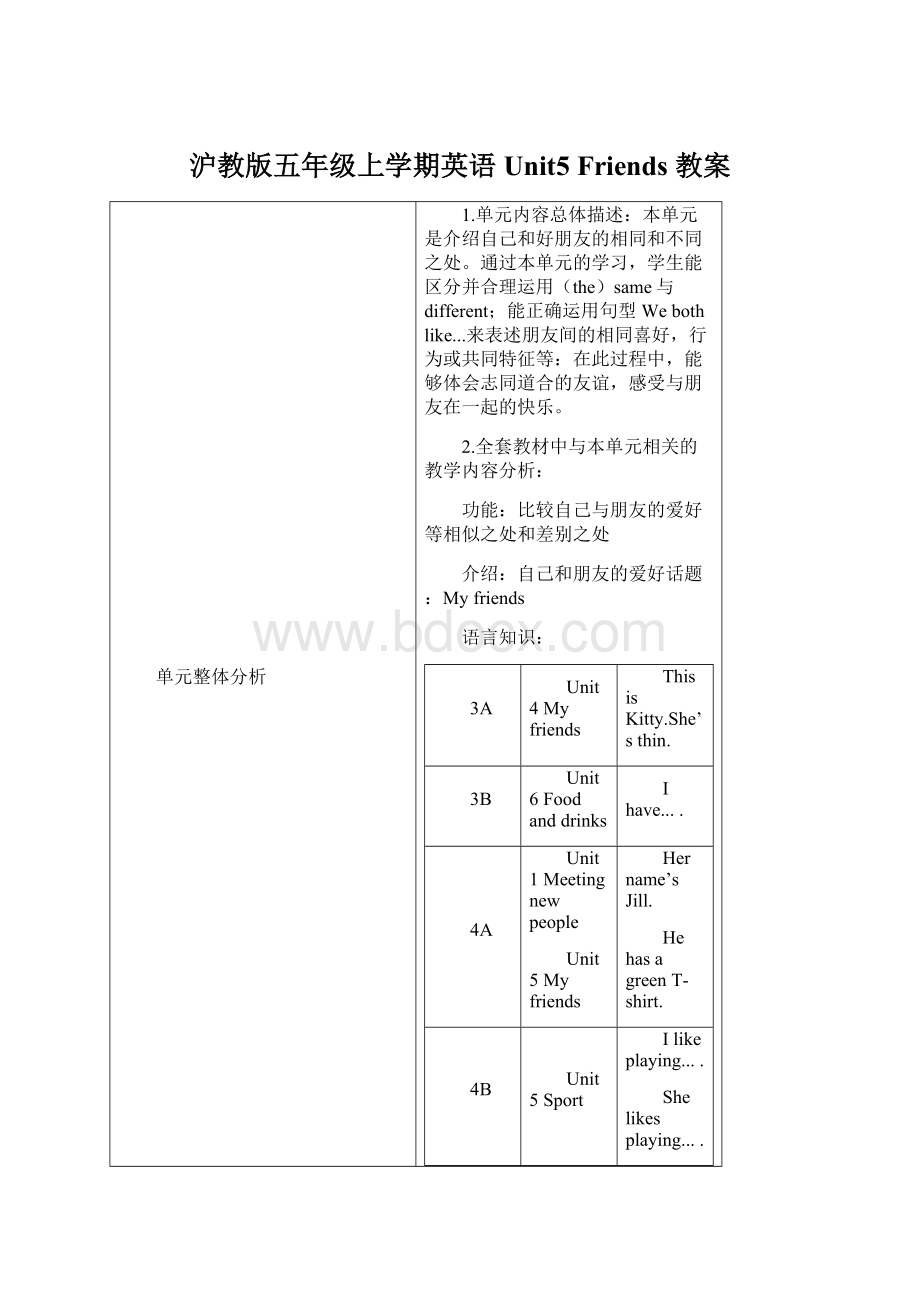 沪教版五年级上学期英语Unit5 Friends 教案文档格式.docx