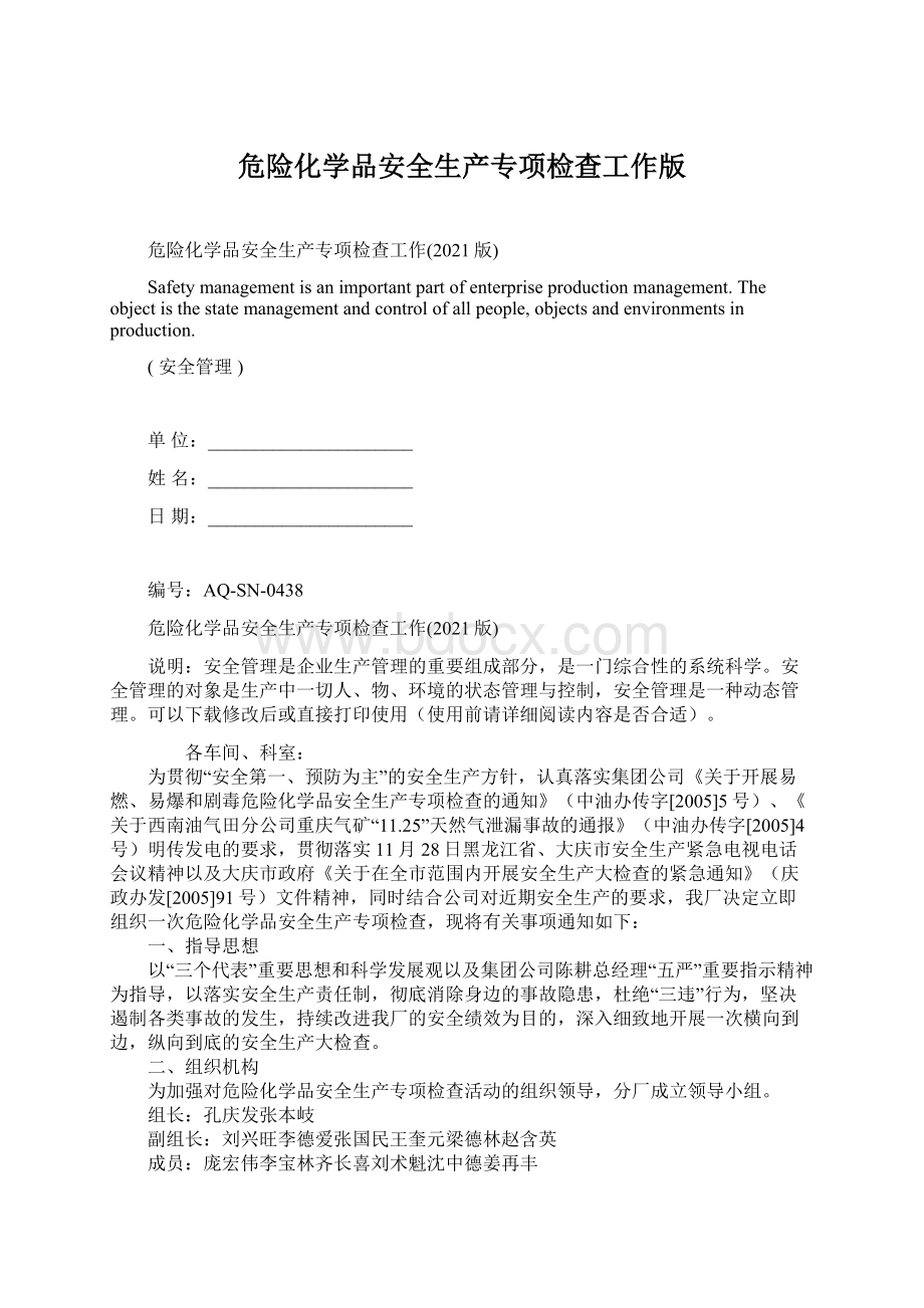 危险化学品安全生产专项检查工作版Word文档格式.docx