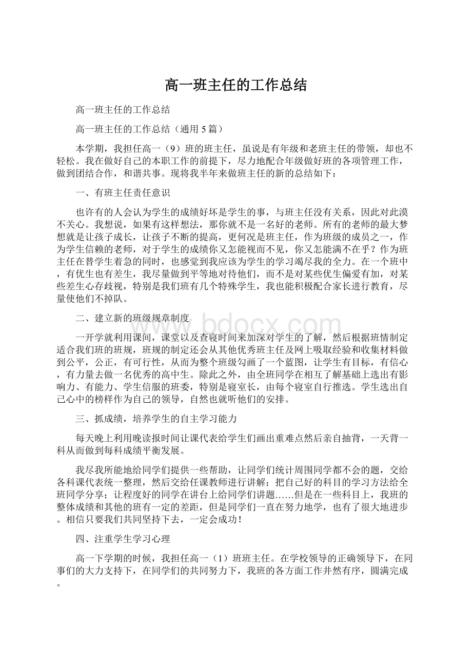 高一班主任的工作总结文档格式.docx