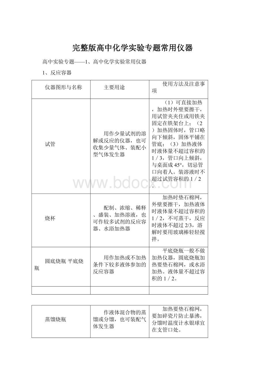 完整版高中化学实验专题常用仪器Word下载.docx