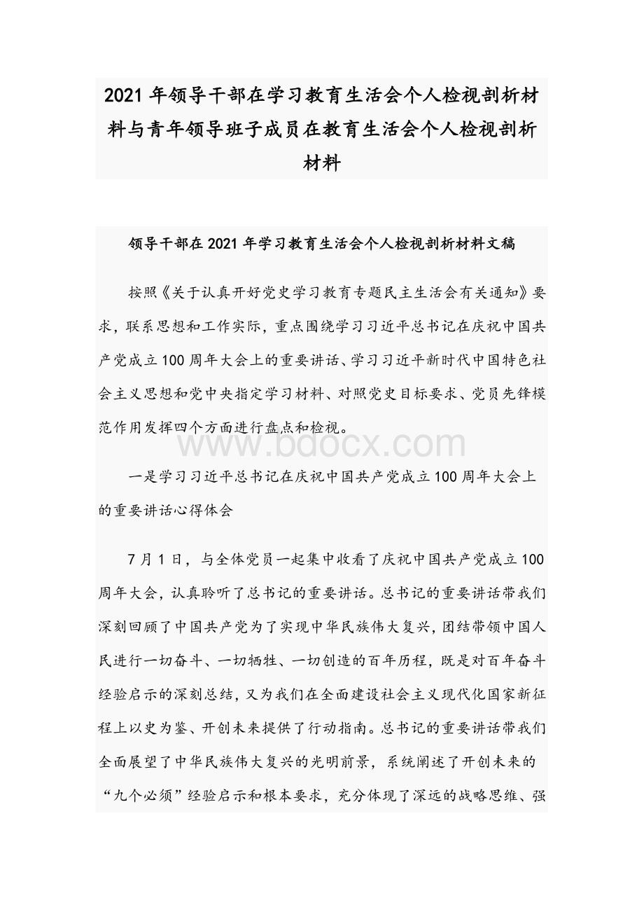 2021年领导干部在学习教育生活会个人检视剖析材料与青年领导班子成员在教育生活会个人检视剖析材料.docx