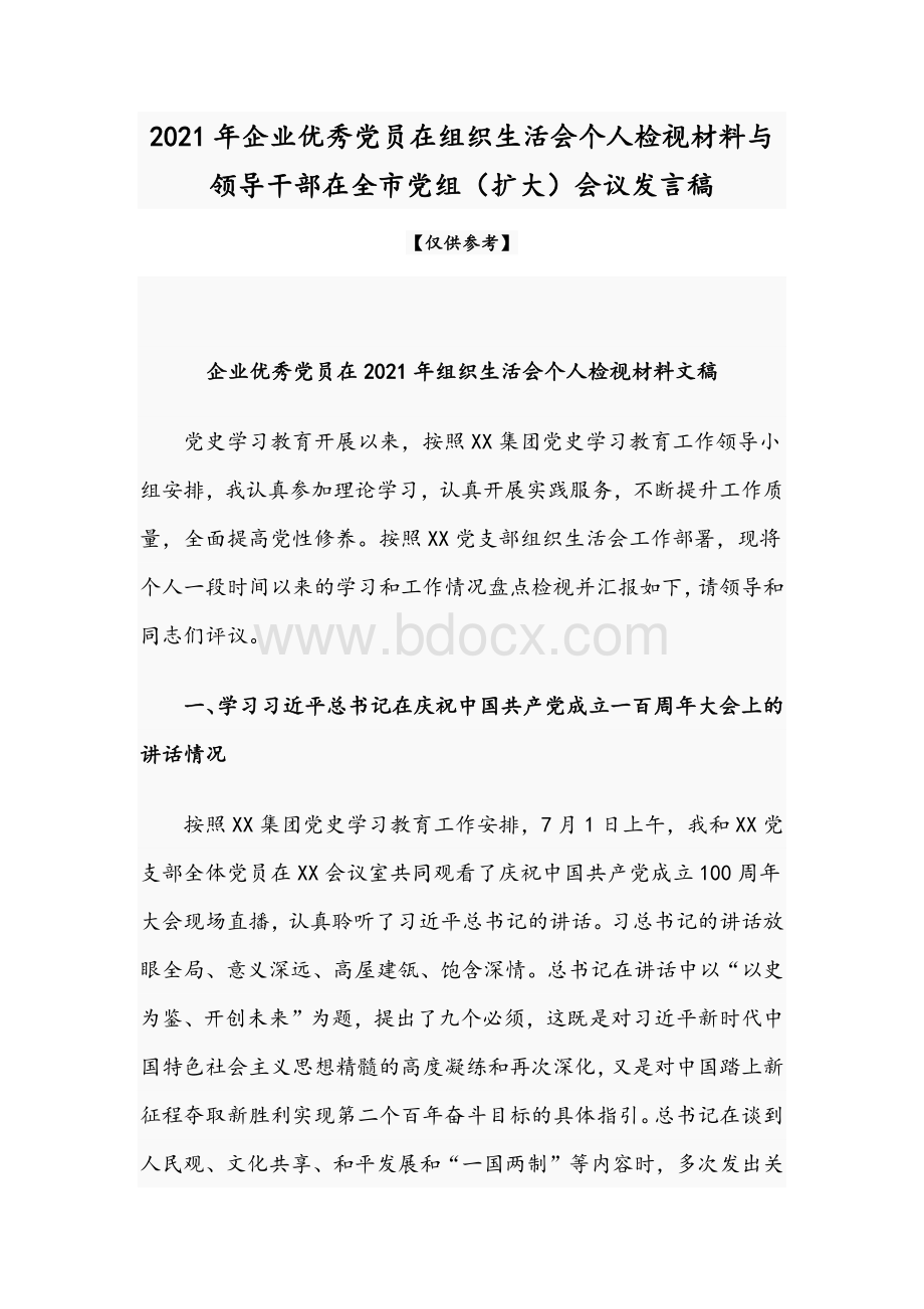 2021年企业优秀党员在组织生活会个人检视材料与领导干部在全市党组（扩大）会议发言稿Word格式文档下载.docx