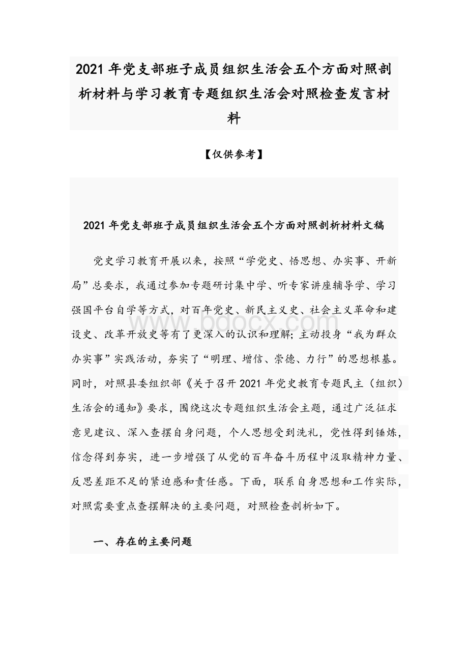 2021年党支部班子成员组织生活会五个方面对照剖析材料与学习教育专题组织生活会对照检查发言材料Word下载.docx