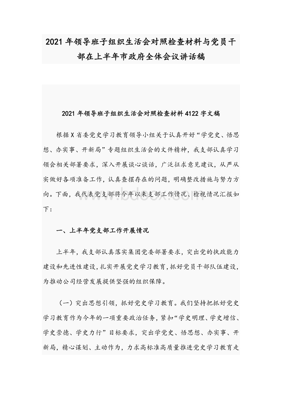 2021年领导班子组织生活会对照检查材料与党员干部在上半年市政府全体会议讲话稿Word文档下载推荐.docx