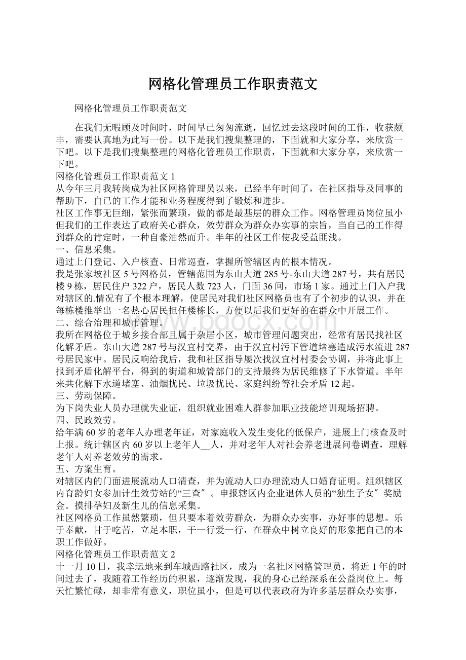 网格化管理员工作职责范文Word文档格式.docx