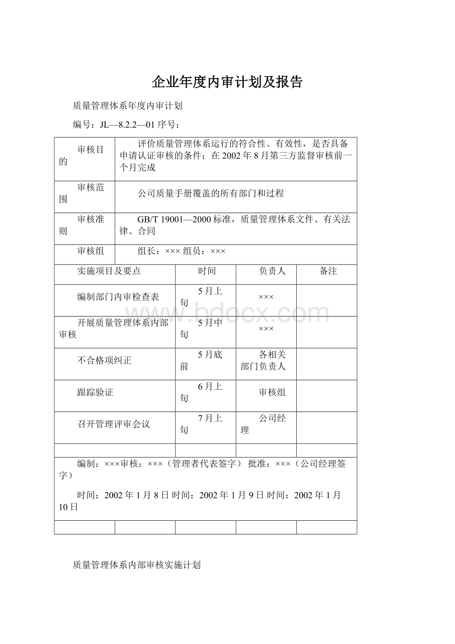 企业年度内审计划及报告Word文档下载推荐.docx