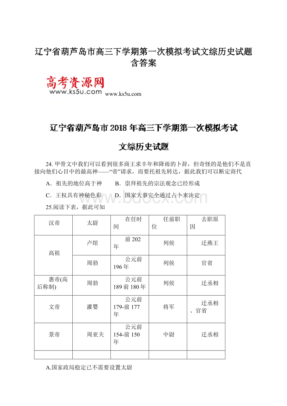 辽宁省葫芦岛市高三下学期第一次模拟考试文综历史试题 含答案Word文档格式.docx