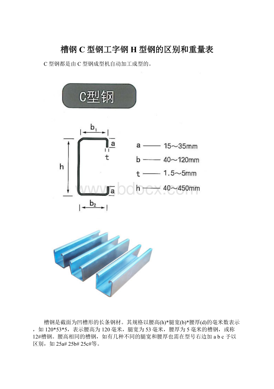 槽钢C型钢工字钢H型钢的区别和重量表.docx_第1页