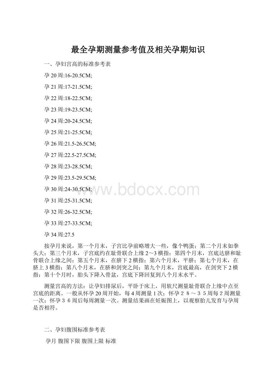 最全孕期测量参考值及相关孕期知识.docx