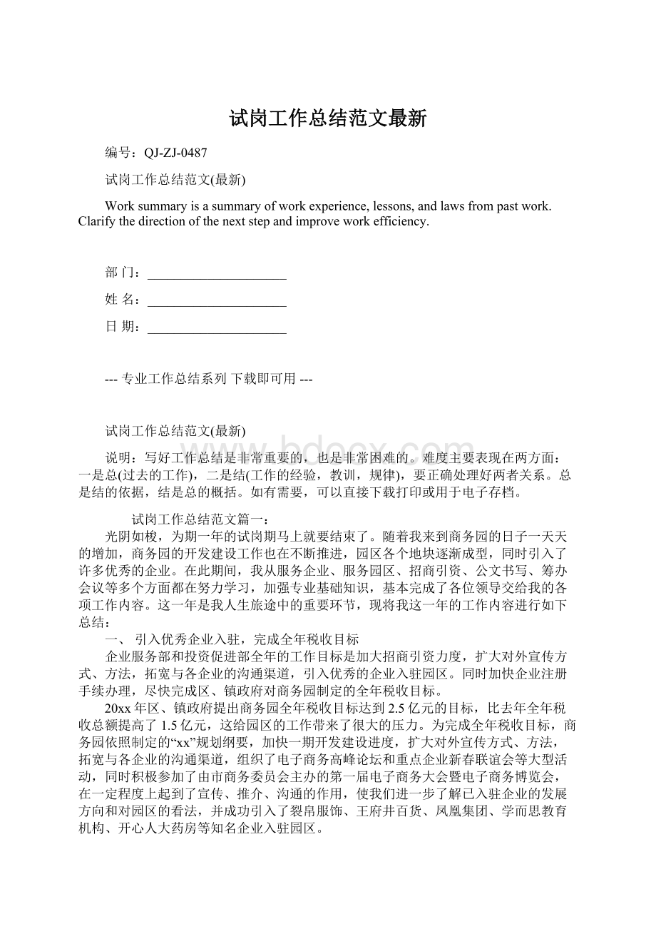 试岗工作总结范文最新.docx