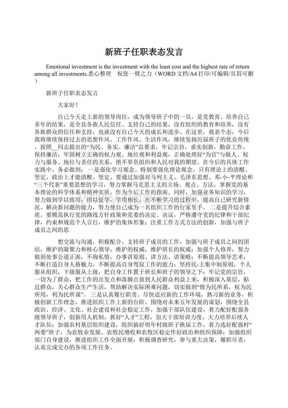 新班子任职表态发言Word文件下载.docx_第1页