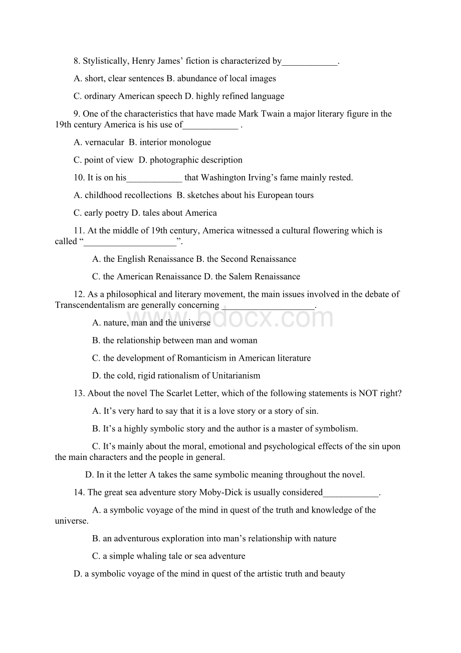 完整版美国文学题库选择题网上合集范文Word格式文档下载.docx_第2页