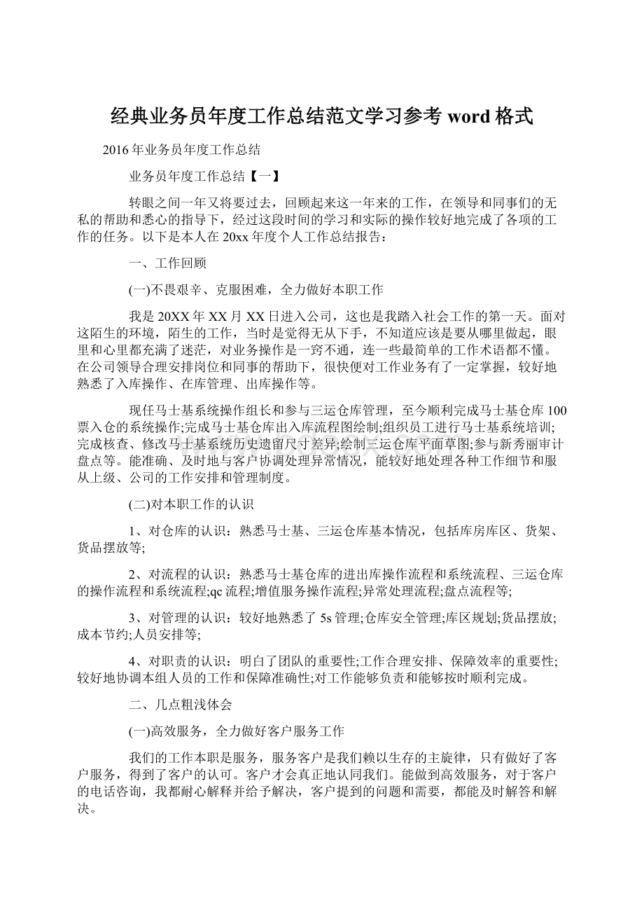 经典业务员年度工作总结范文学习参考word格式Word下载.docx