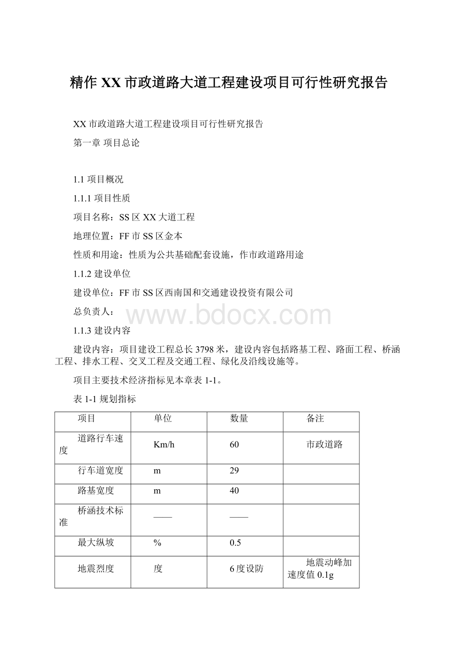 精作XX市政道路大道工程建设项目可行性研究报告Word文件下载.docx