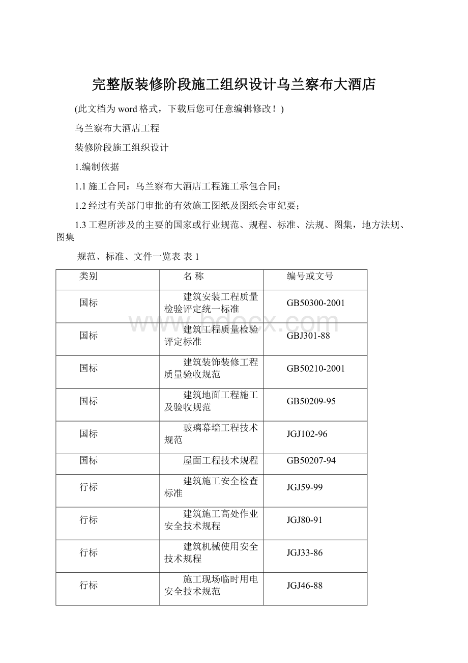 完整版装修阶段施工组织设计乌兰察布大酒店Word文件下载.docx