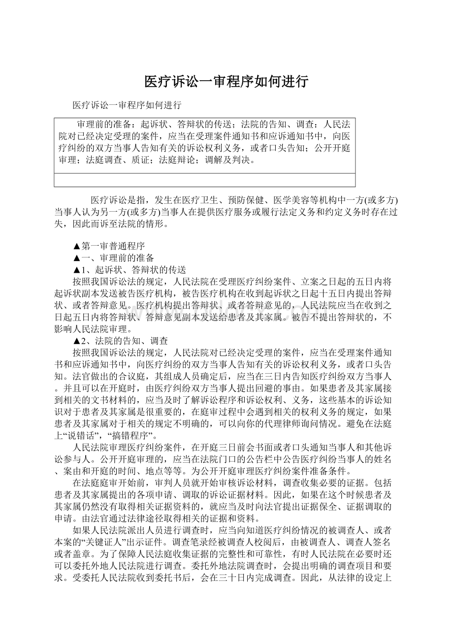 医疗诉讼一审程序如何进行Word格式.docx_第1页