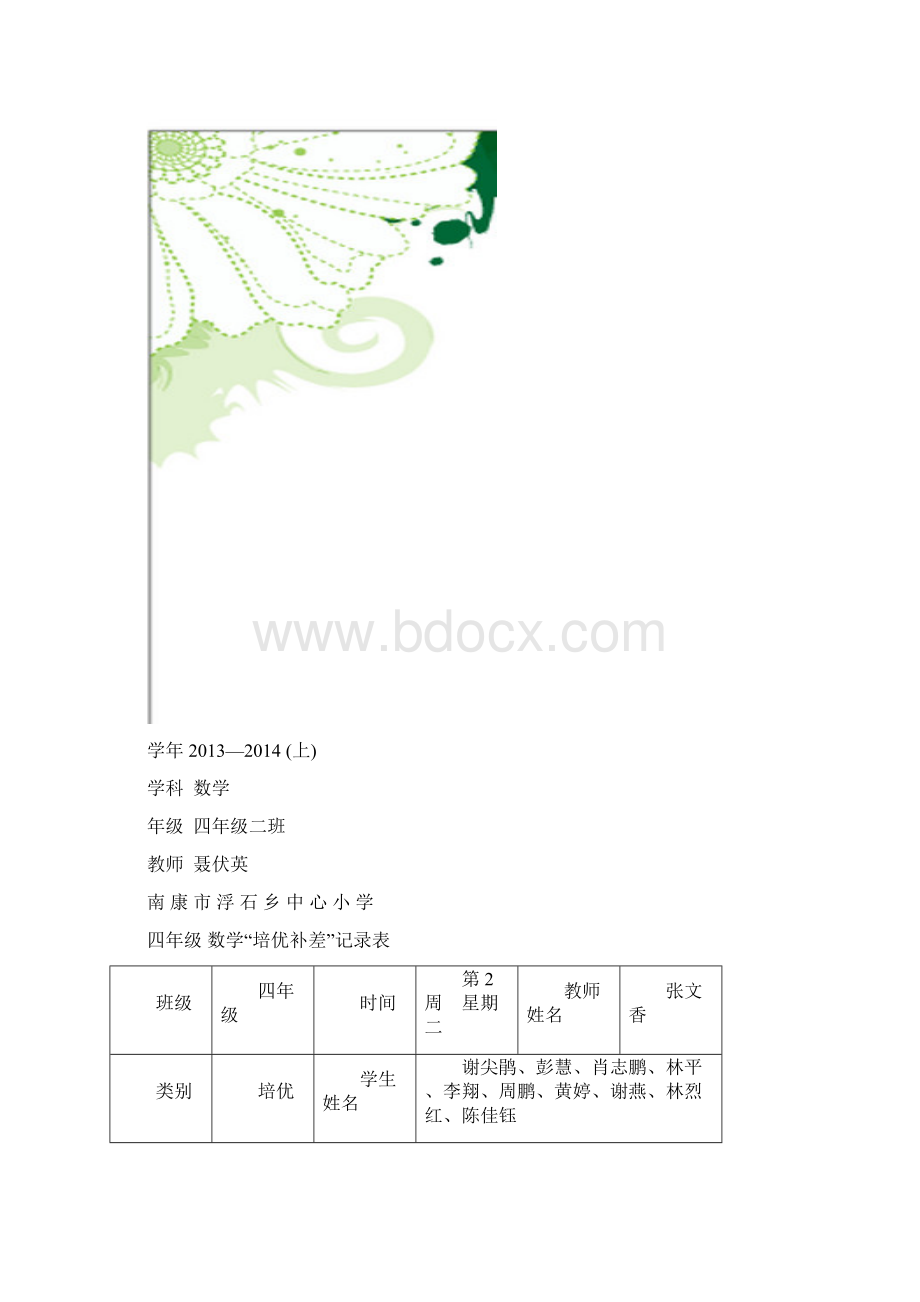 小学数学四年级上册培优补差记录表已排版可打印Word下载.docx_第2页