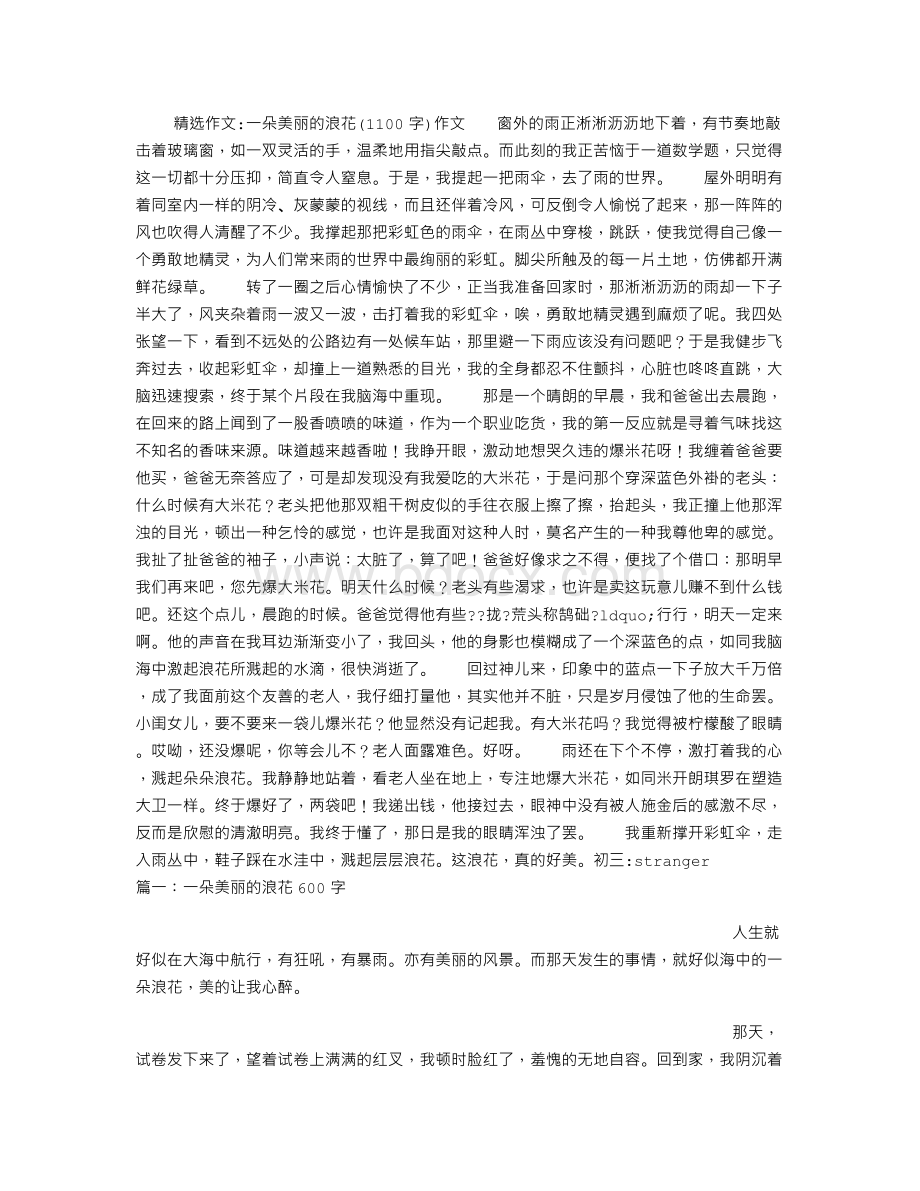 一朵美丽的浪花(1100字)作文Word格式.doc