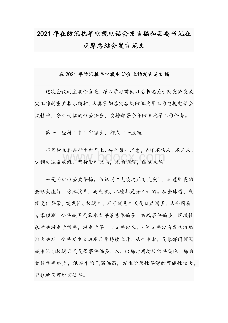 2021年在防汛抗旱电视电话会发言稿和县委书记在观摩总结会发言范文Word文档下载推荐.docx