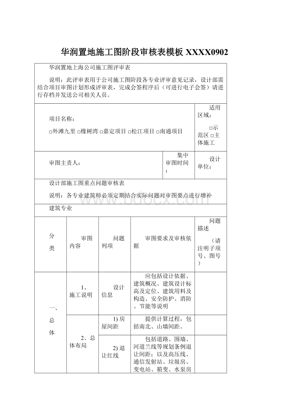 华润置地施工图阶段审核表模板XXXX0902Word格式文档下载.docx_第1页