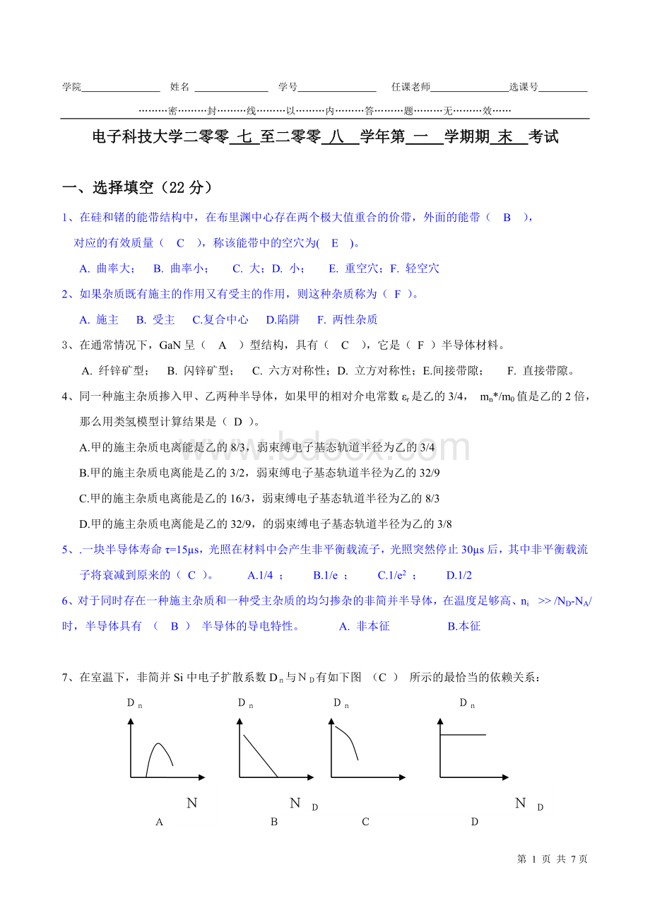 电子科大2008半导体物理期末考试试卷A-参考答案与评分标准.doc_第1页