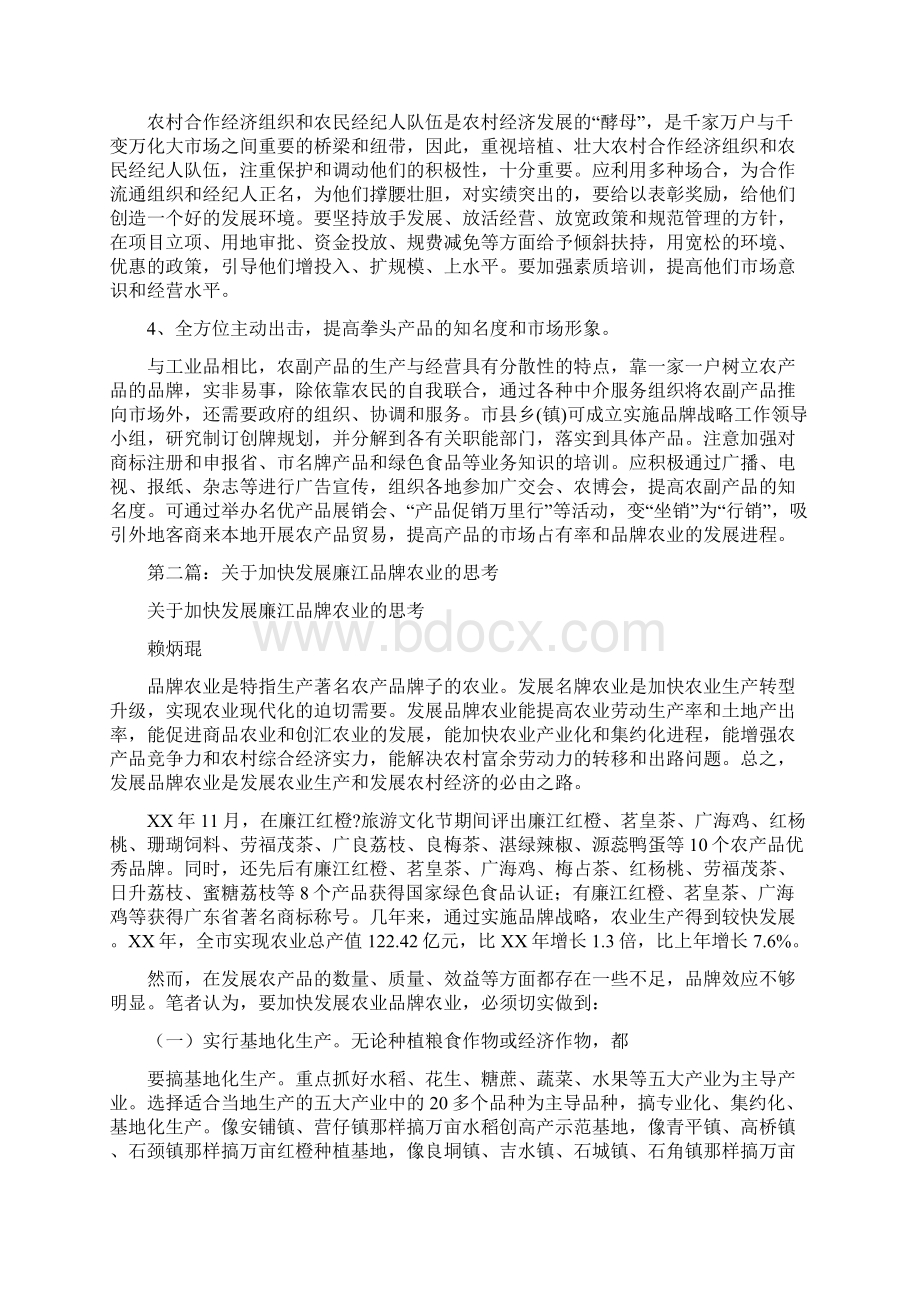 关于大力发展品牌农业的思考与关于大学生创业的调研报信息汇编Word文档格式.docx_第3页